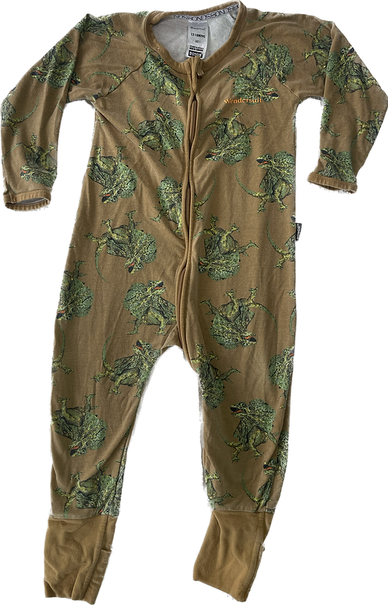 Front view of dinosaur print baby onesie in size 12-18 months by Bonds