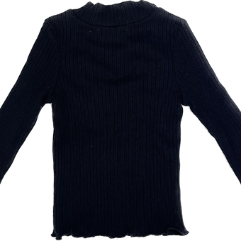 Back view of girls black turtleneck sweater showing collar and hem