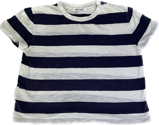 Front view of girls navy and white striped top, size 10