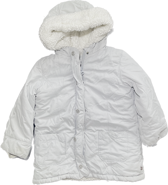 Front view of girls white quilted hooded jacket by Natalys