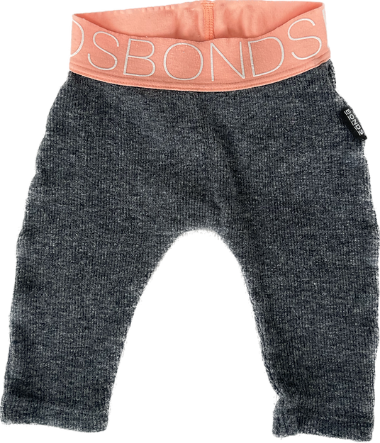 Front view of grey baby leggings in size 0000, Bonds brand.