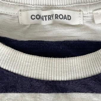 Close-up of fabric texture on navy and white striped top