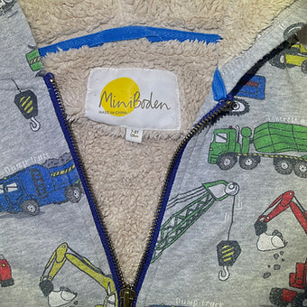 Close-up of zipper and fuzzy lining of MiniBoden hoodie