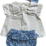 Jacadi Paris Blouse, Blue Floral Bloomers and Matching Head Band, Size 6mo (0)