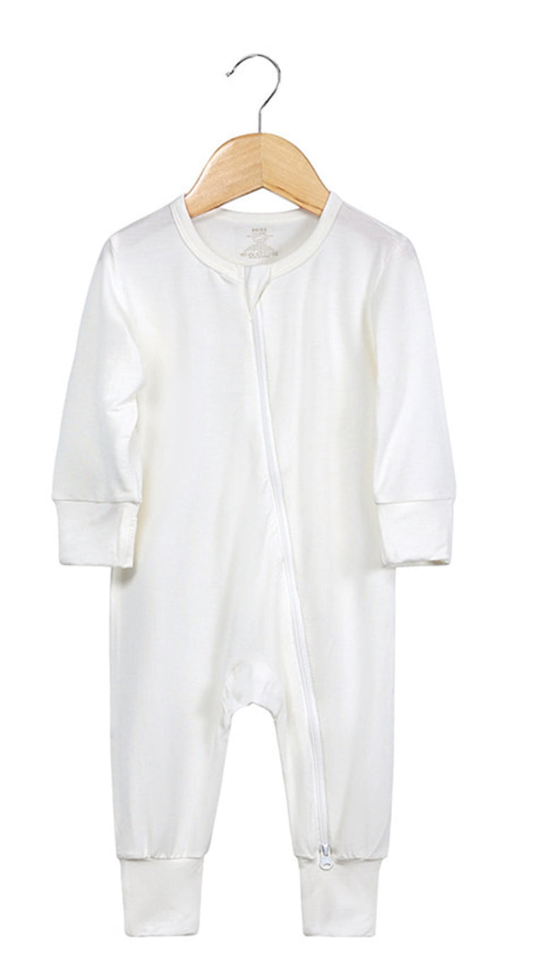 “Beloved Bubs long sleeve bamboo romper in white – soft, breathable baby outfit with front zipper for easy changes.”