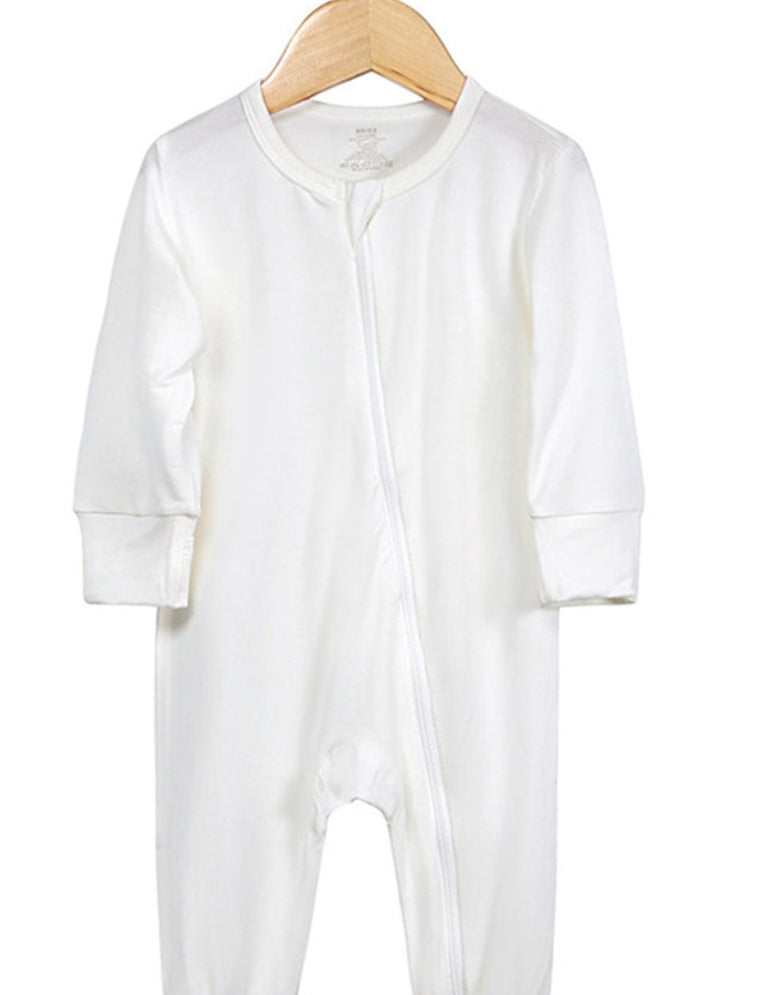 “Beloved Bubs long sleeve bamboo romper in white – soft, breathable baby outfit with front zipper for easy changes.”