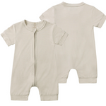Beloved Bubs short sleeve bamboo romper in beige – front and back view of lightweight, hypoallergenic baby outfit with zipper
