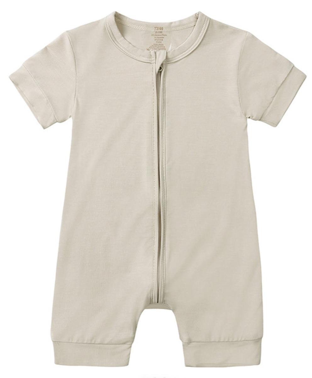 Beloved Bubs short sleeve bamboo romper in beige – soft, breathable baby romper with zipper closure for quick changes