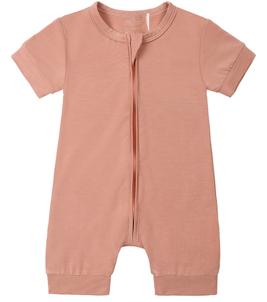 Beloved Bubs short sleeve bamboo romper in dusty pink – eco-friendly, gentle babywear made from soft and stretchy bamboo fabric.