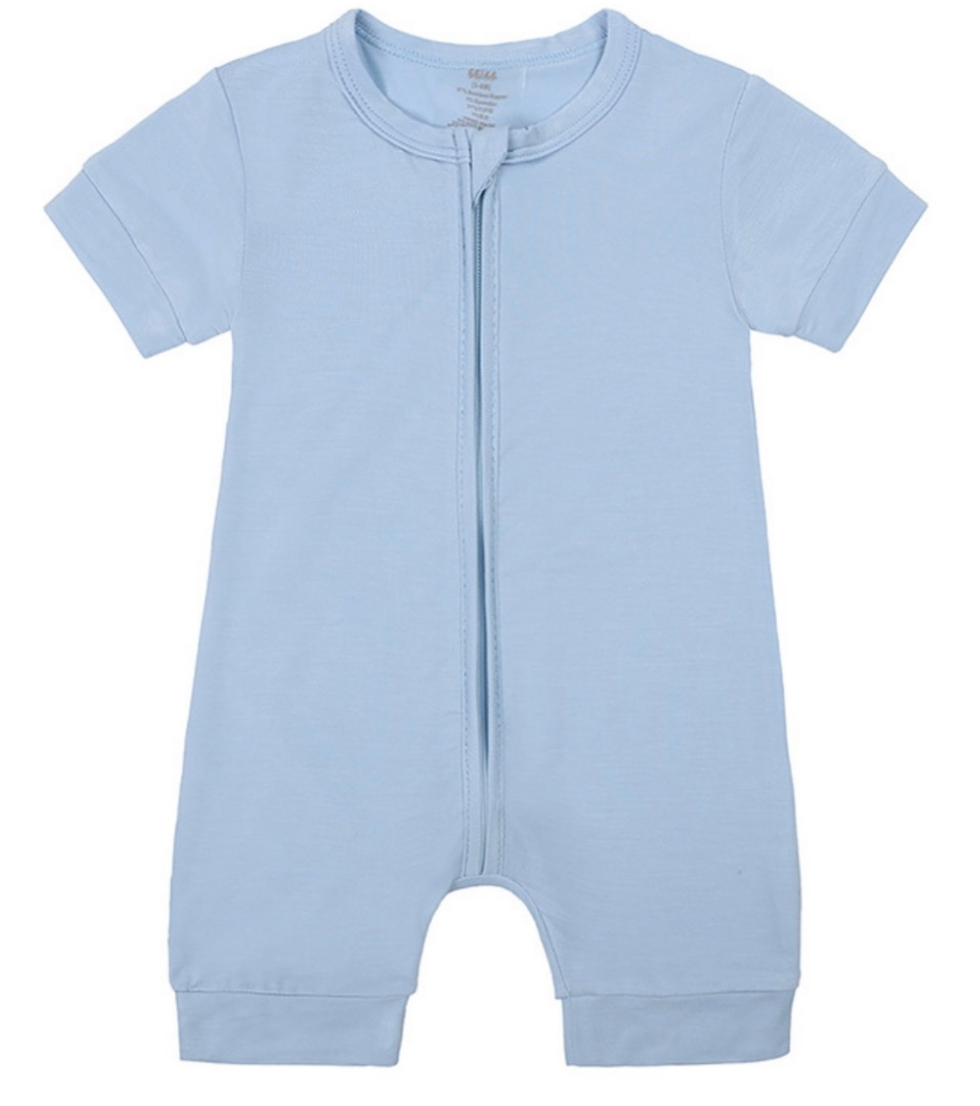 Beloved Bubs short sleeve bamboo romper in light blue – breathable, ultra-soft baby outfit with zipper for easy dressing.
