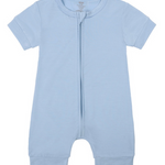 Beloved Bubs short sleeve bamboo romper in light blue – breathable, ultra-soft baby outfit with zipper for easy dressing.