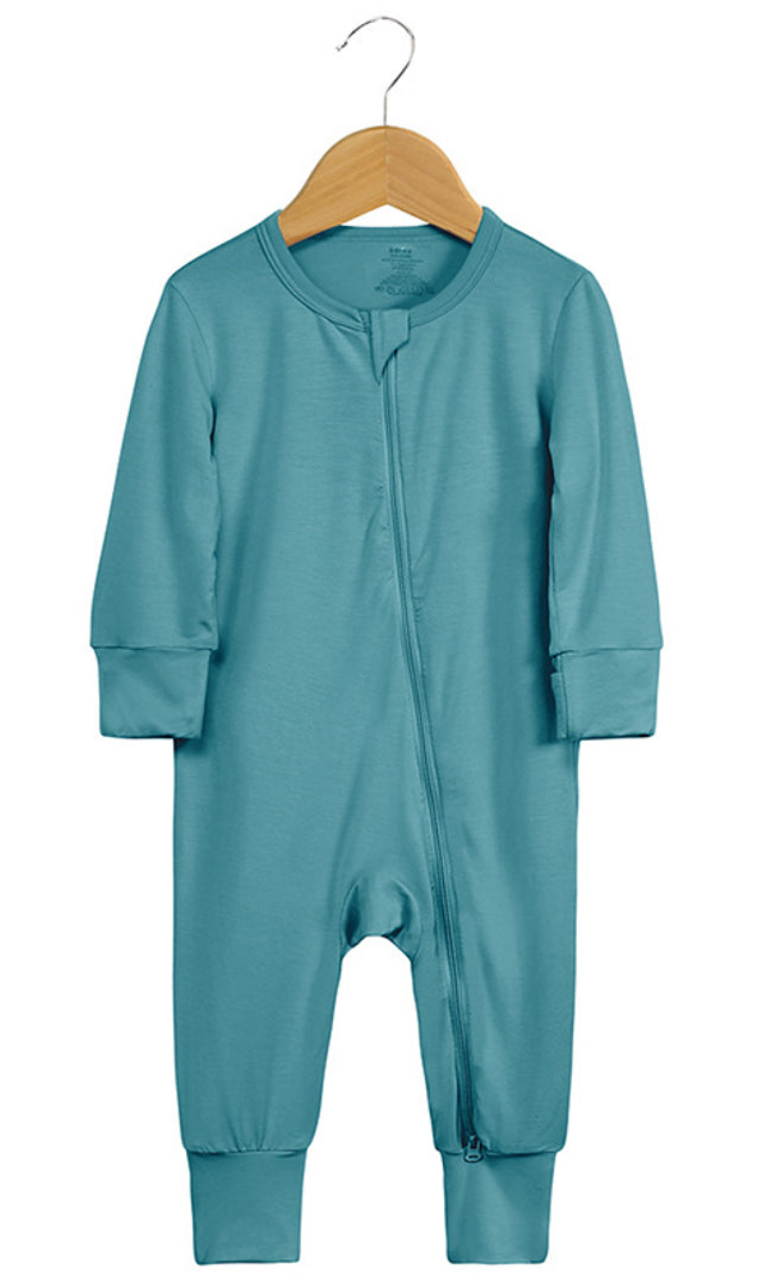 Beloved Bubs sleeveless bamboo romper in ocean blue, front view – lightweight, hypoallergenic infant onesie with zipper for easy changes.