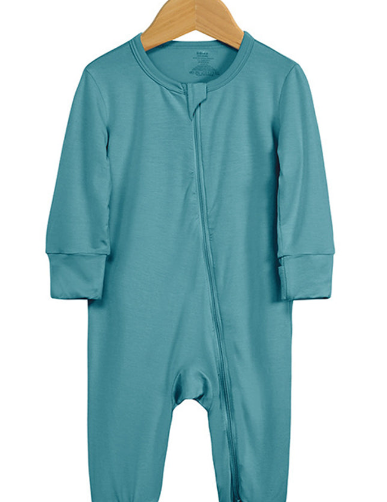 Beloved Bubs sleeveless bamboo romper in ocean blue, front view – lightweight, hypoallergenic infant onesie with zipper for easy changes.