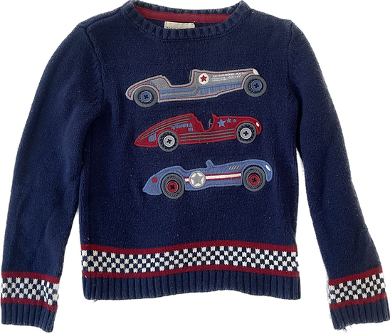 Front view of Rorie Whelan boys car motif sweater size 3