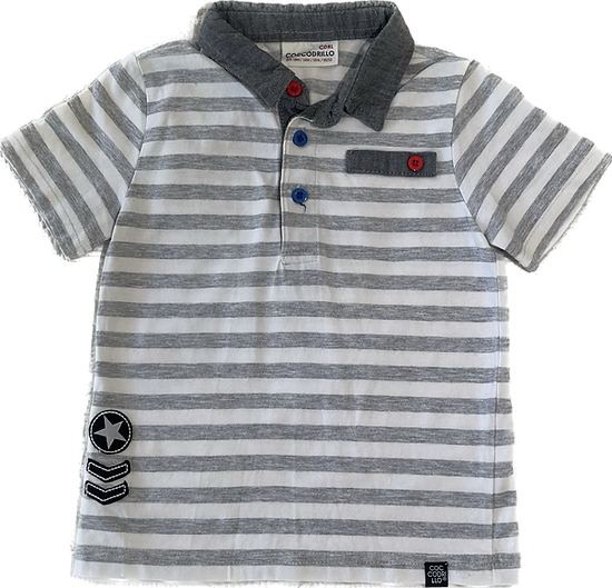 Front view of boys striped collared cotton shirt size 18 months