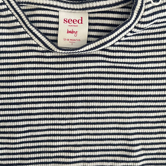 Close-up of navy white striped baby top with soft fabric