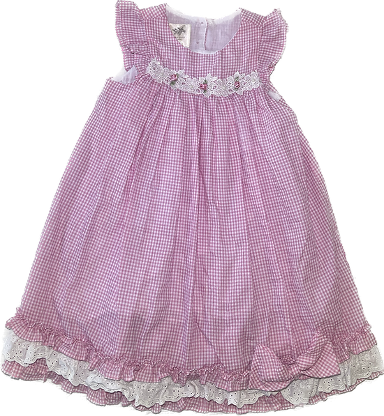 Front view of pink layered girls dress by Laura Ashley in size 6