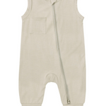 Beloved Bubs sleeveless bamboo romper in beige – ultra-soft, breathable baby outfit with zipper for easy dressing.”