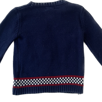 Cozy toddler sweater with colorful car print design